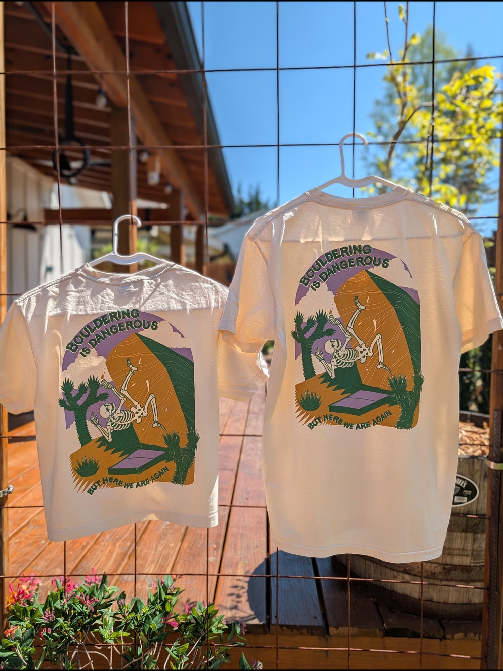 Graphic 'Bouldering Is Dangerous' Tee in Cream with Multicolor Print